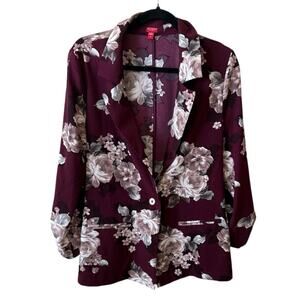 GUESS Floral Blazer Jacket Burgundy Long Sleeve Workwear Chic Size Small